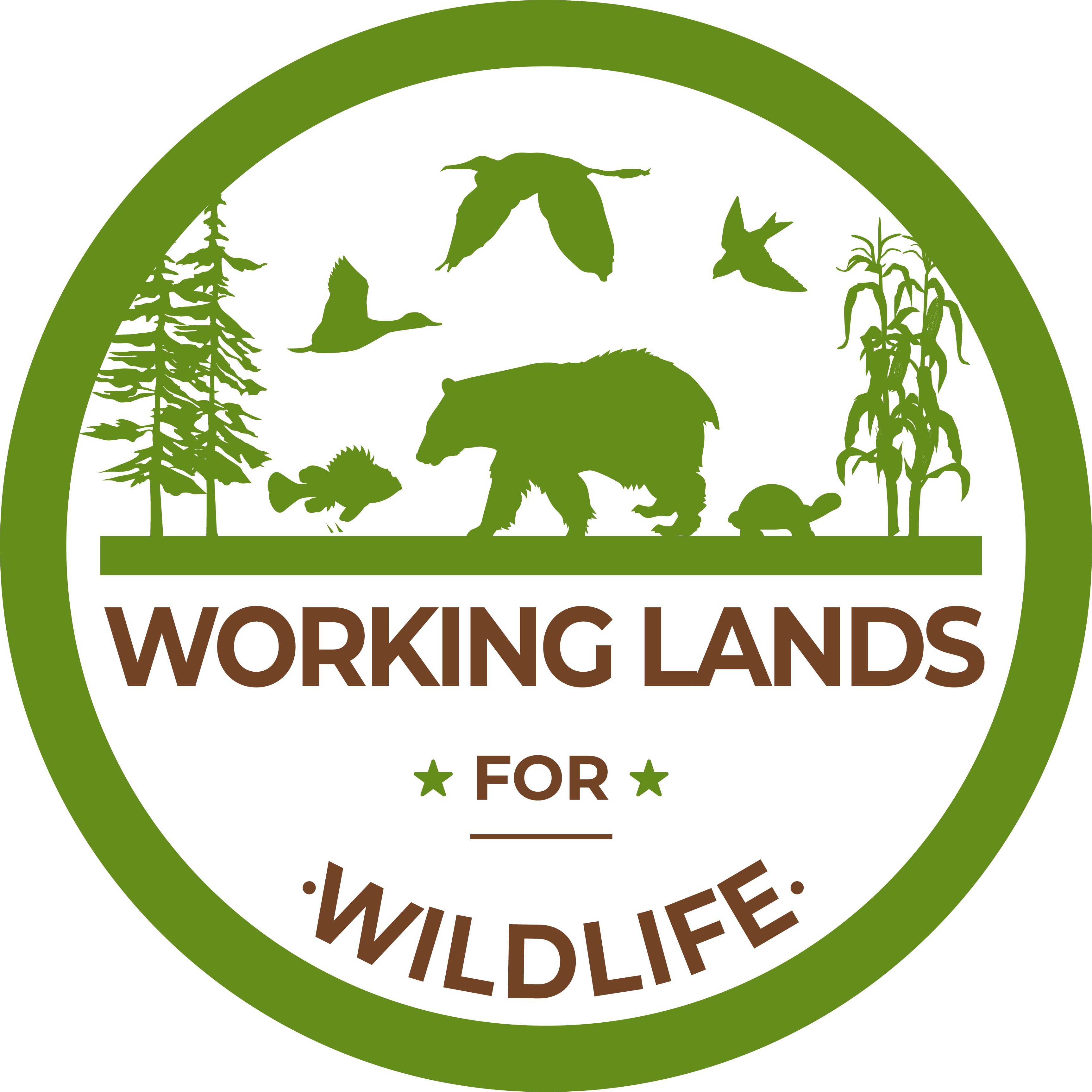 text "Working Lands For Wildlife" overlayed on representative silhouettes of wildlife and farm, forestland